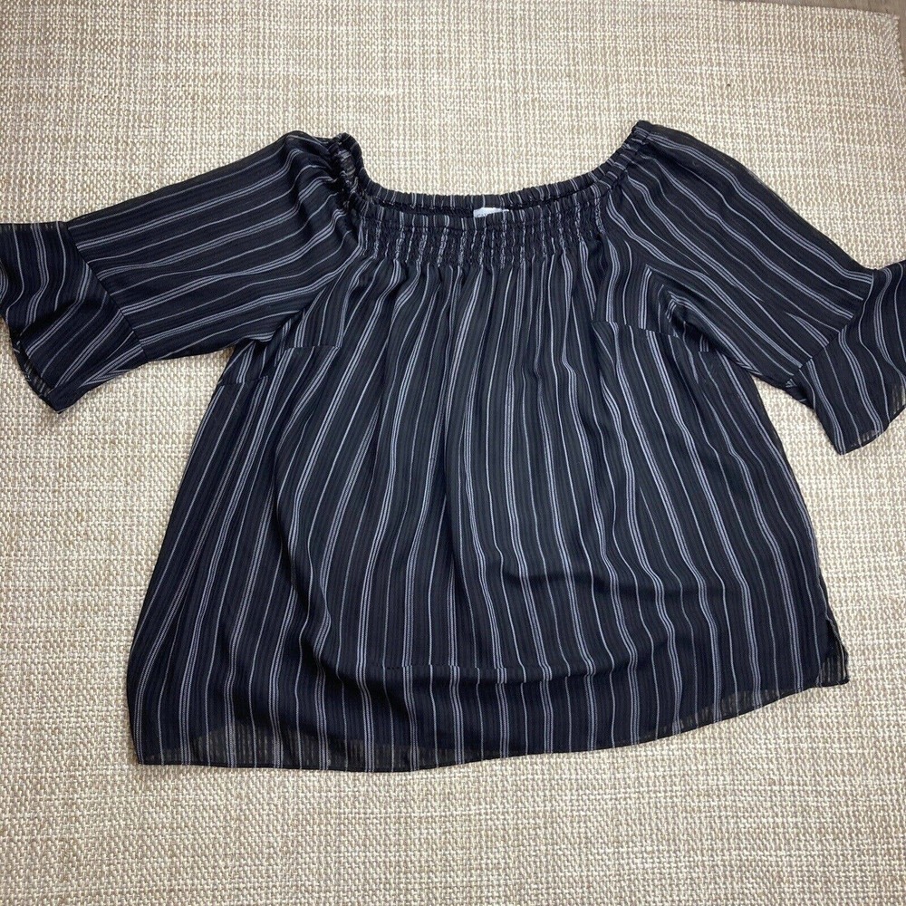 Catherines 2X Women Plus Size Black White Stripe 3/4 Bell Sleeve Top EUC Flowy